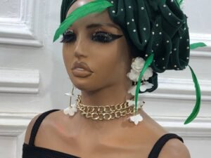 Home The Feathered Green Turban is a luxury headpiece made for women's elegance.