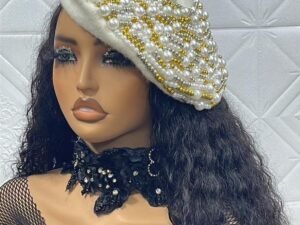adaeze beret, 35k, thick wool beret embellished in crescent form with hand beaded pearls of cream gold and ivory variants and sizes for that elegant classy look