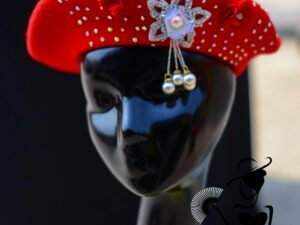 afi beret, 20k, thick wool beret embellished with matching roses dazzling stones and statement dropping brooch (exact brooch no longer available just close substitutes)