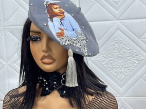 aidentity beret, 30k, personalized beret with custom face print with embellishments and tarsel for that announcement