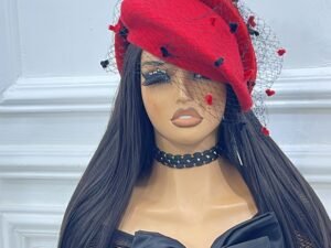 aisie beret, 20k, thick wool beret embellished with matching oversized band with black veilings and dots