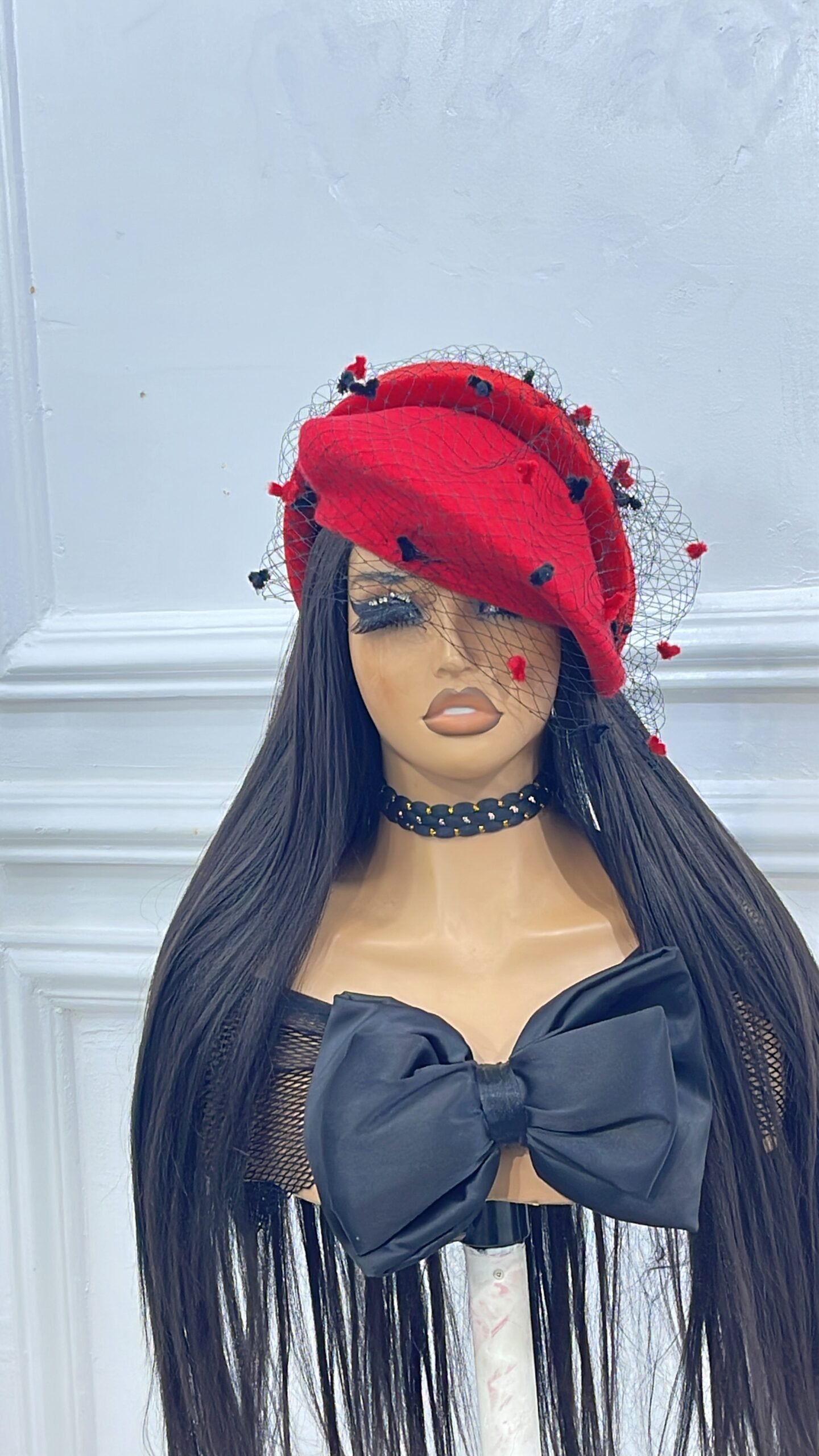 aisie beret, 20k, thick wool beret embellished with matching oversized band with black veilings and dots aisie beret, 20k, thick wool beret embellished with matching oversized band with black veilings and dots