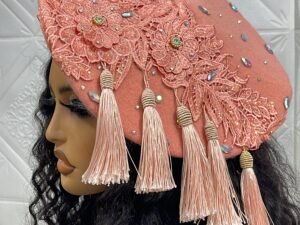 benita beret, 25k, thick wool beret embellished with flower appliques and studs and statement multi tarsel drops for that simple classy look