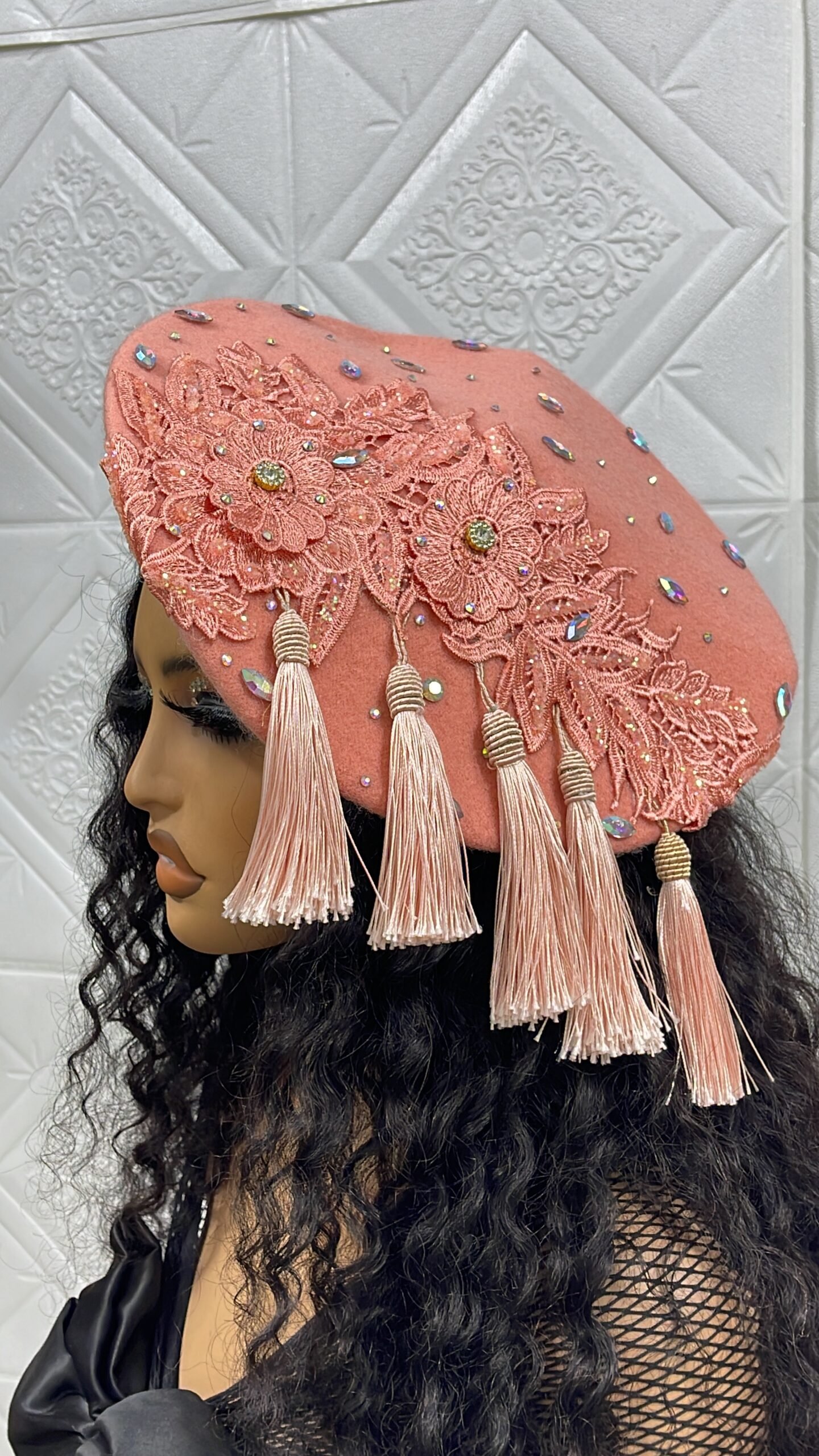 benita beret, 25k, thick wool beret embellished with flower appliques and studs and statement multi tarsel drops for that simple classy look benita beret, 25k, thick wool beret embellished with flower appliques and studs and statement multi tarsel drops for that simple classy look