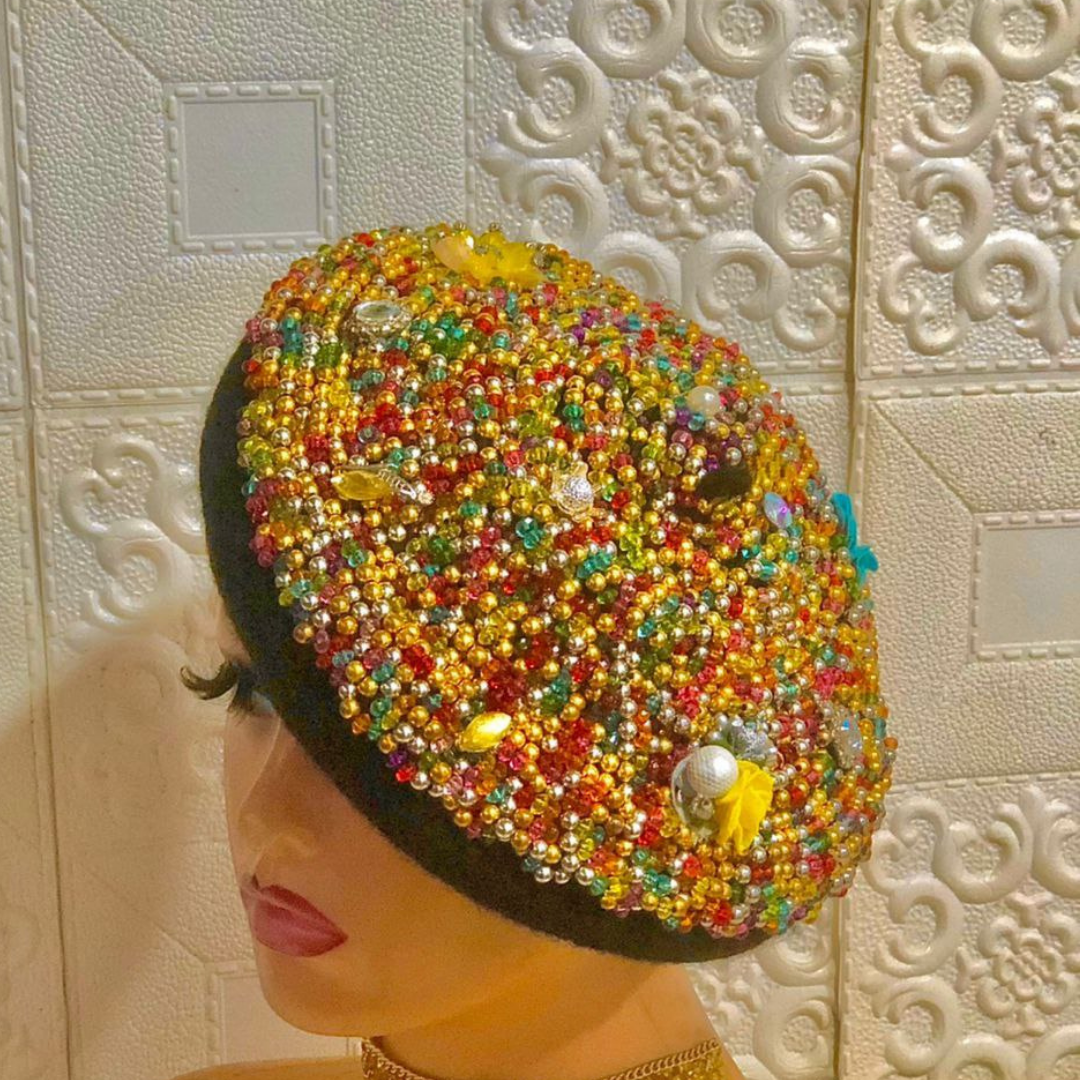 celine beret, 50k, thick wool beret embellished fully attop with hand beaded pearls of various sizes and colors for that elegant classy look celine beret, 50k, thick wool beret embellished fully attop with hand beaded pearls of various sizes and colors for that elegant classy look