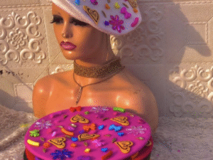 character beret, 20k, thick wool beret with top fully embellished with multiple variety characters for that simple classy look