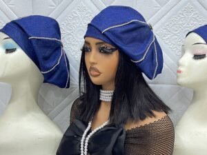 denna beret, 30k, hand made soft rich textured denim beret with centre cuts for that extra fitting embellished with studs