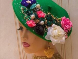 ekaete beret, 25k, thick wool beret embellished with base rose applique and garden of flowers and roses for that fruitful classy look