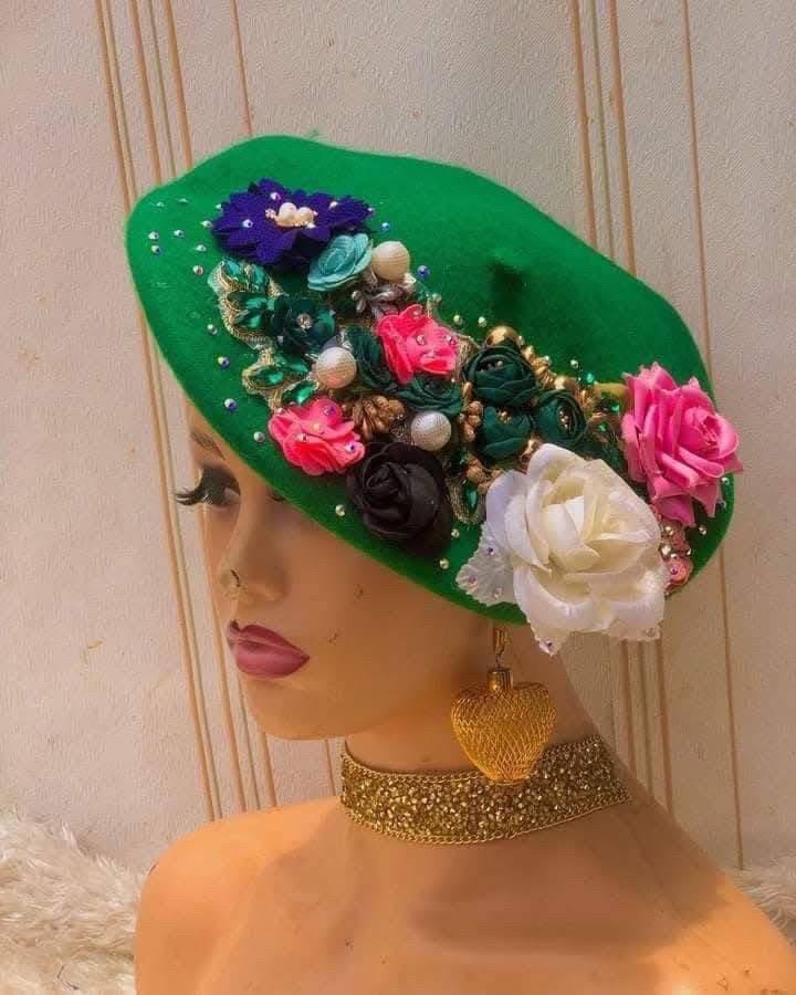 ekaete beret, 25k, thick wool beret embellished with base rose applique and garden of flowers and roses for that fruitful classy look ekaete beret, 25k, thick wool beret embellished with base rose applique and garden of flowers and roses for that fruitful classy look