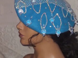 fave beret, 30k, thick wool beret embellished with matching semi circle rhinestone with sparse shaped stud with crystal teardroplets