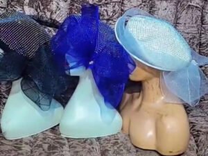 hilda mini, 25k, thick wool beret embellished with matching halo horsehair with back bows and flat laid top rhinestones