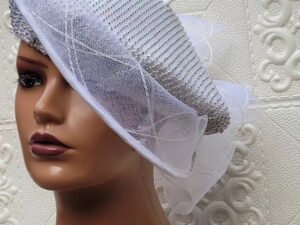 hilda beret, 30k, thick wool beret embellished with matching halo horsehair with back bows and overlaid rhinestones